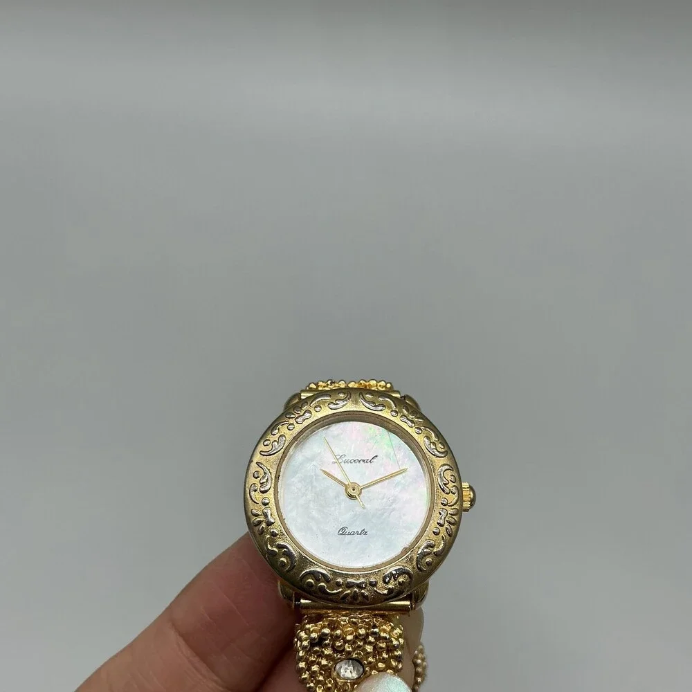 Vintage Lucoral Womens Watch 26mm White Dial Gold Tone Crystals Bracelet 7.75